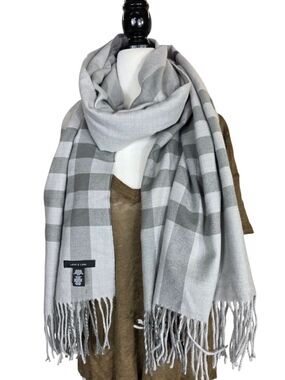 Love & lore Light Gray Plaid Fringe Wrap Scarf